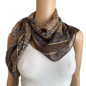 Ellen Tracy Brown Navy Blue Sheer Paisley Silk Square Scarf Vintage